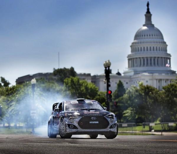 Rhys Millen drifts his RallyCross car while filming for a GRC commercial in Washington D.C., USA on 15 June 2014.
