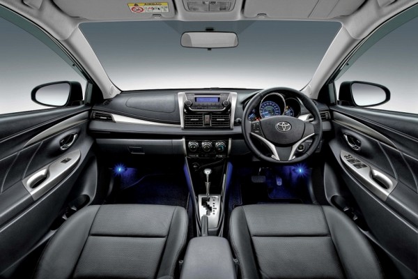 Toyota Vios 1.5G with black interior and blue front foot illumination
