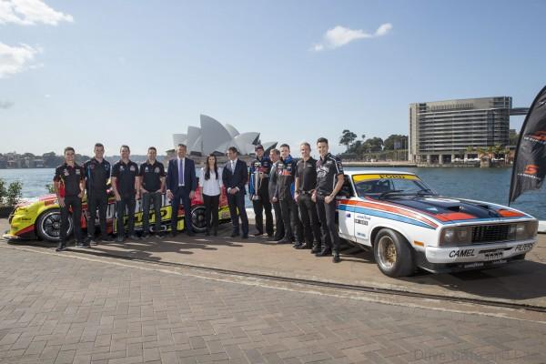 NSW Premier Mike Baird with the stars of V8 Supercars during the Sydney events launch on Sydney Harbour today ahead of Event 8 of the 2015 Australian V8 Supercars Championship Series at the Sydney Harbour , Sydney, New South Wales, August 19, 2015.