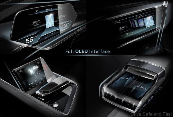 The front display, which is curved upward, offers some gesture controls and visualizes the climate control system. The two rear passengers in the Audi e-tron quattro concept have their own OLED displays.