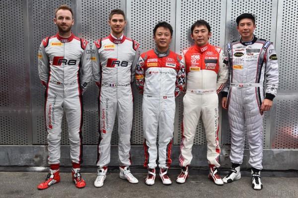 Rene Rast (GER) Audi Sport Team WRT, Audi R8 LMS, Edoardo Mortara (ITA) Audi Sport Team Phoenix, Audi R8 LMS, Lee Ying Kin, Marchy (HKG) Audi Hong Kong, Audi R8 LMS, Lee Yung Te, Jeffrey (TPE) Absoloute Racing, Audi R8 LMS and Ma Ching Yeung, Philip (HKG) Absolute Racing, Audi R8 LMS Ultra at SJM Macau GT Cup - FIA GT World Cup, Macau, China, 19-22 November 2015.