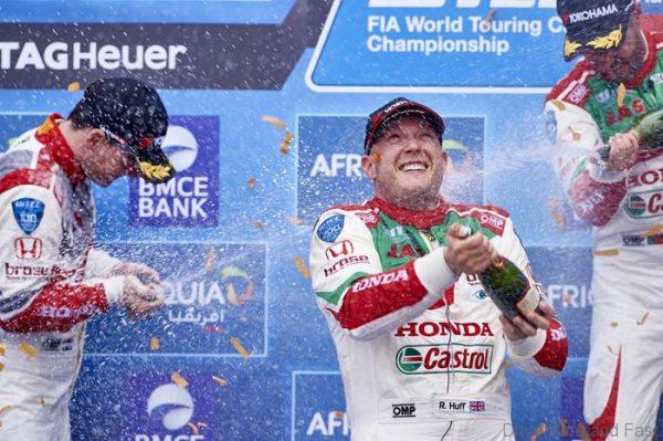 2016 EVENT: Race of Morocco TRACK: Circuit Automobile International Moulay El Hassan TEAM: Castrol Honda World Touring Car Team CAR: Honda Civic wtcc DRIVER: Rob Huff wins race 2 and celebrates victory with team mates Norbert Michelisz and Tiago Monteiro