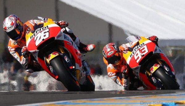 LE MANS,FRANCE,15.MAY.15 - MOTORSPORTS, MOTORBIKE - MotoGP, Le Mans circuit. Image shows Dani Pedrosa (ESP/ Honda) and Marc Marquez (ESP/ Honda). Photo: GEPA pictures/ Gold and Goose/ David Goldman - For editorial use only. Image is free of charge.