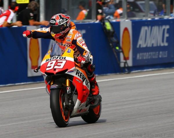 Marc Marquez (ESP/ Honda) celebrates after winning second at the Moto Grand Prix at the Sepang International Circuit in Kuala Lumpur, Malaysia on October 13th, 2013 // Gold & Goose/Red Bull Content Pool // P-20131014-00097 // Usage for editorial use only // Please go to www.redbullcontentpool.com for further information. //