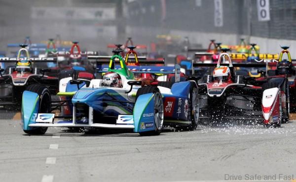Drivers leave the starting grid during the Formula E Championship race in Putrajaya November 22, 2014. The FIA Formula E Championship is the world's first fully electric racing series. REUTERS/Olivia Harris (MALAYSIA - Tags: SPORT MOTORSPORT TPX IMAGES OF THE DAY)