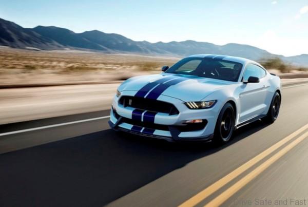 The All-new Shelby GT350 Mustang in Oxford White with a Sonic Blue stripe.