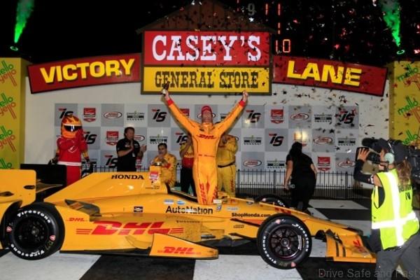 Iowa Speedway winner Ryan Hunter-Reay celebrates in Victory Lane.