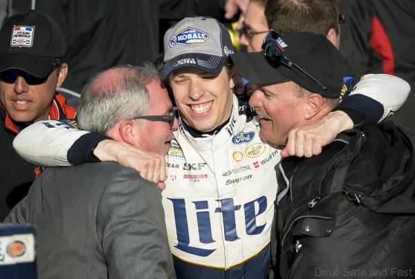 Brad Keselowski, center, celebrates at Victory Lane after wining the NASCAR Kobalt 400 at the Las Vegas Motor Speedway on Sunday, March 6, 2016. CREDIT: Mark Damon/Las Vegas News Bureau