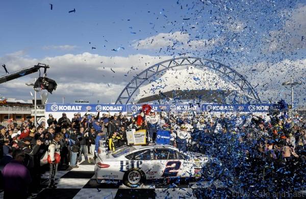 Brad Keselowski, center, celebrates with his team at Victory Lane after wining the NASCAR Kobalt 400 at the Las Vegas Motor Speedway on Sunday, March 6, 2016. CREDIT: Mark Damon/Las Vegas News Bureau