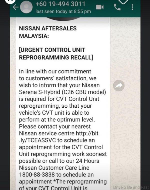 Nissan Serena S-Hybrid CVT Control Unit Reprogramming Recall