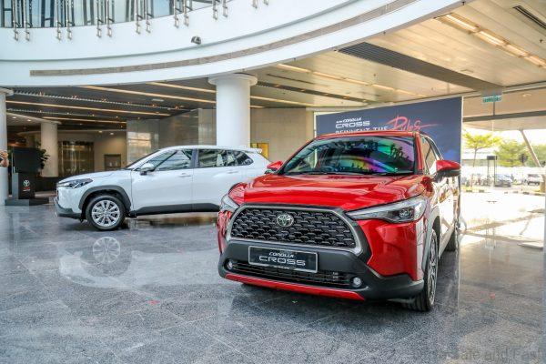 Toyota Corolla Cross 1.8V in Red and in White at UMW Toyota Motor HQ in Shah Alam