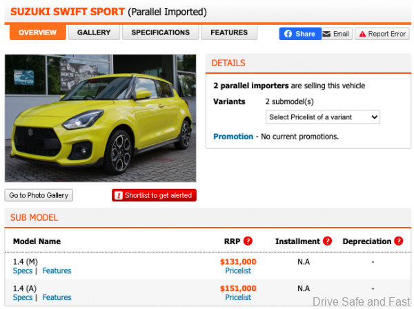 Suzuki Swift Sports selling price_Singapore