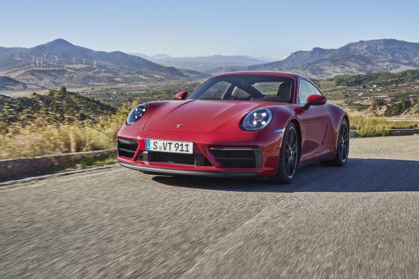 Porsche 911 GTS in motion from the front