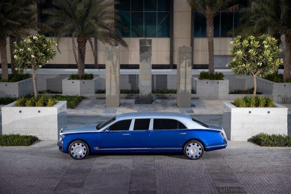 side profile Bentley Mulsanne Grand Limousine In Blue