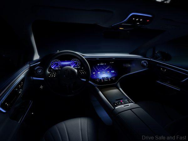 Night time interior Mercedes-EQ. EQE 350, Edition 1, AMG Line, interior: leather neva grey/reflex blue