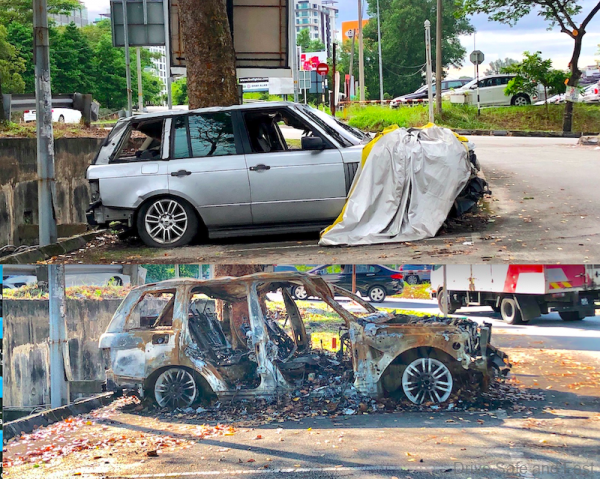 accident and burnt car