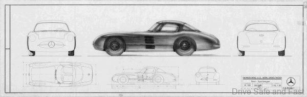 Mercedes-Benz Offert-Zeichnung zu dem wertvollsten Auto der Welt: Das Mercedes-Benz 300 SLR Uhlenhaut Coupé. Quotation drawing of the most valuable car in the world: the Mercedes-Benz 300 SLR Uhlenhaut Coupé.