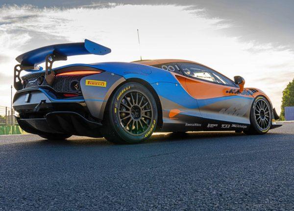 McLaren Artura GT4 race car from behind