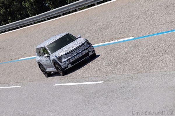 Kia EV9 in motion during testing