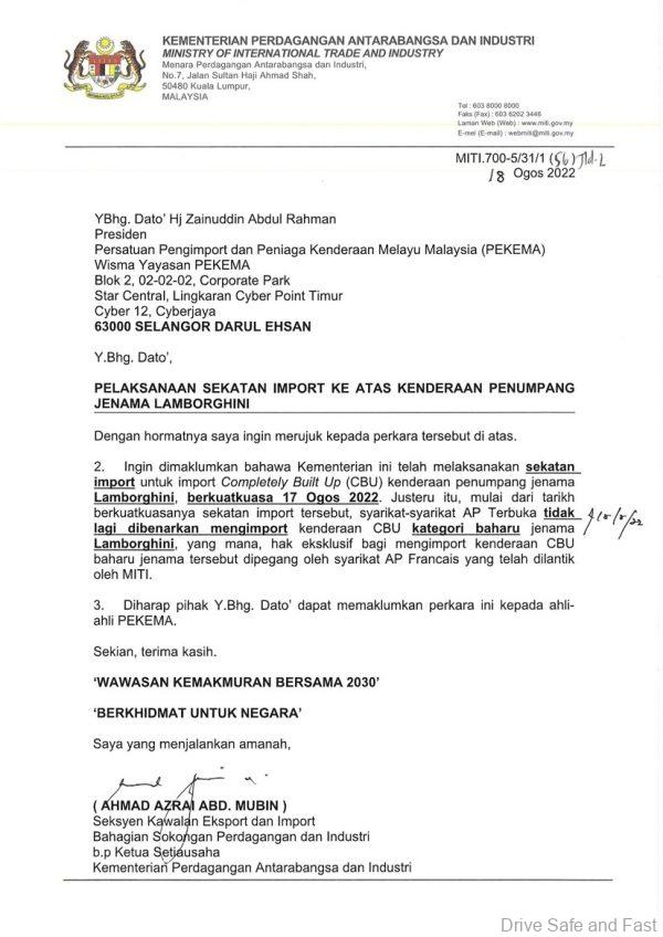 MITI letter to PEKEMA