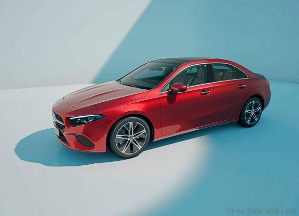 facelifted mercedes-benz a-class sedan in red