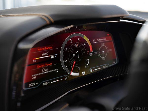 Close up view of gauges layout on E-Ray Performance App on the infotainment screen. Pre-production model shown. Actual production model may vary. Model year 2024 Corvette E-Ray available 2023.