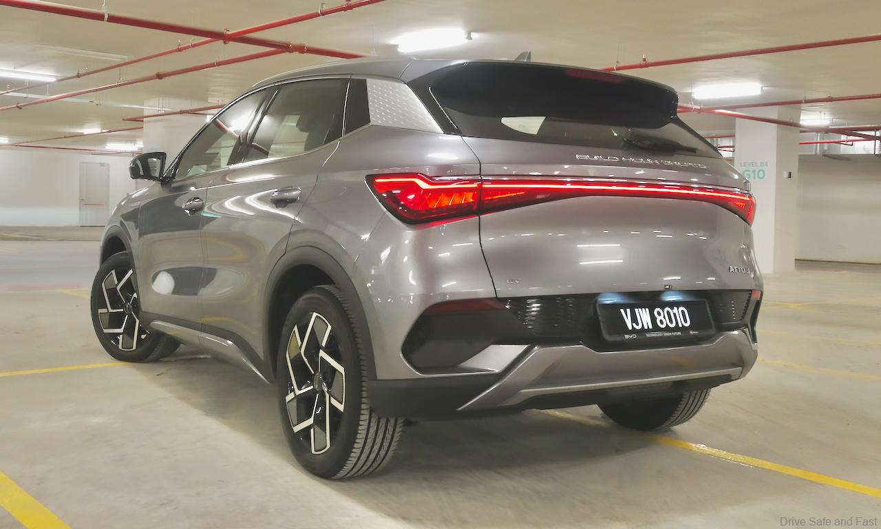 BYD Atto 3 rear three quarters in a car park in Malaysia