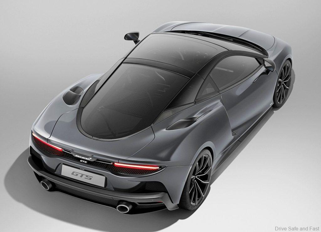 McLaren GTS top down rear rendering in Lava Grey