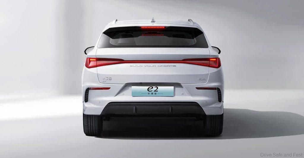 BYD e2 from the rear in white