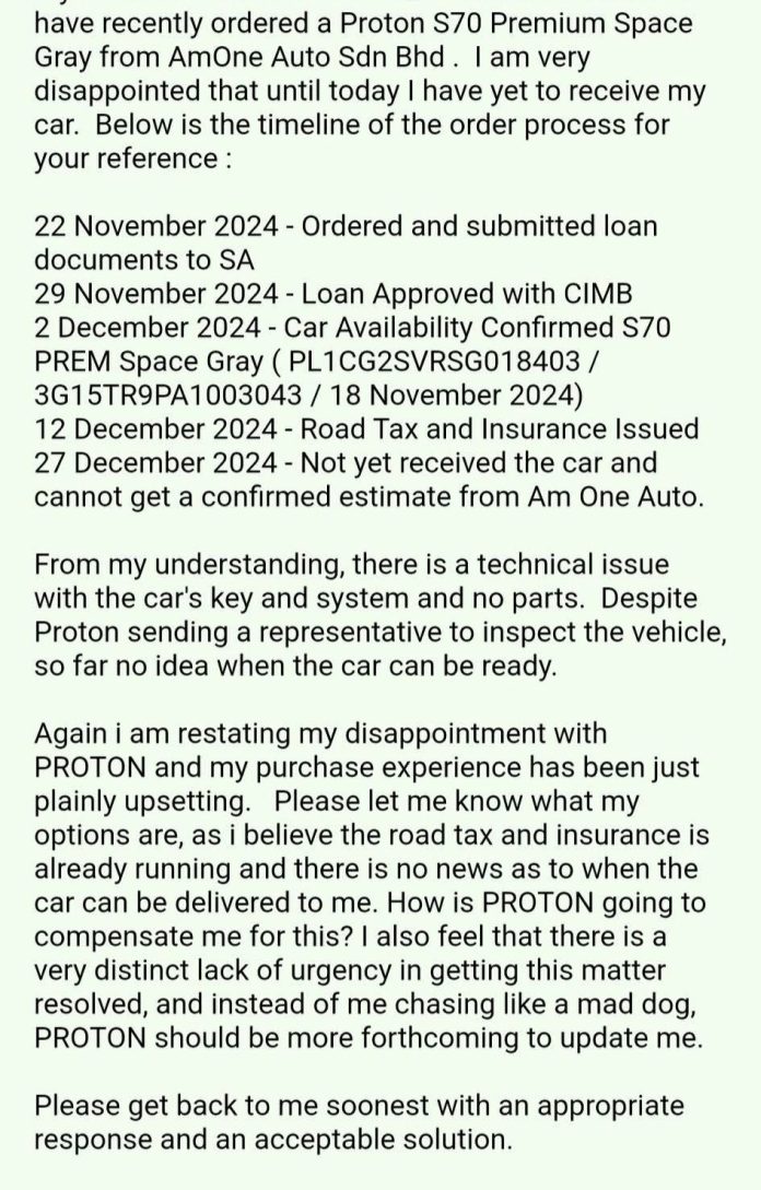 Proton S70 Delivery Issue