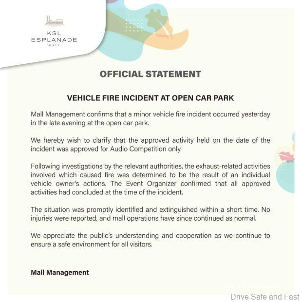 KSL Esplanade Mall fire statement